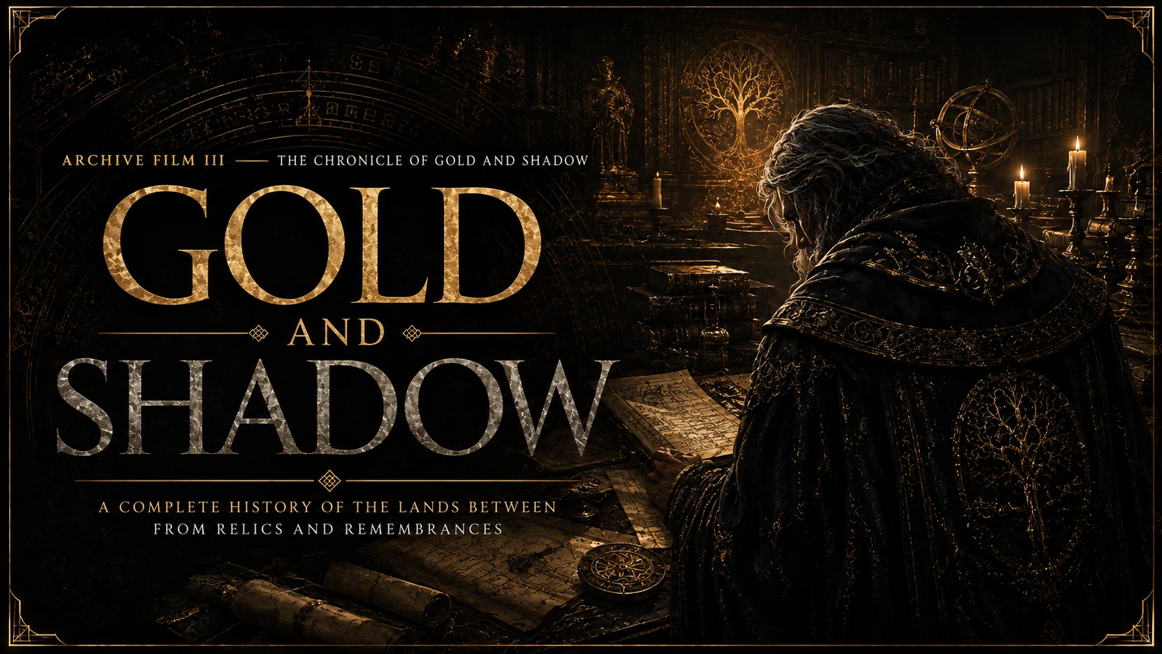Gold and Shadow, Archive Film III: a chronicler studying relics and remembrances in the Roundtable library