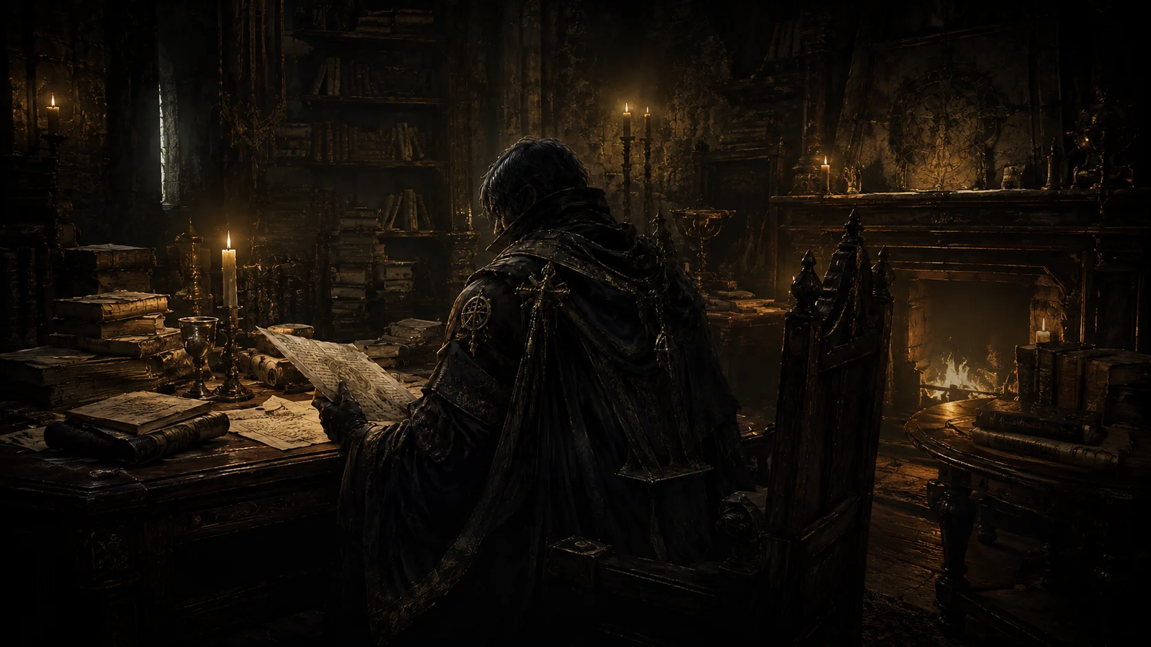 A cloaked chronicler reading a relic by candlelight in a dark, crowded library