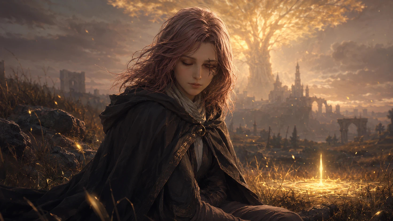 Melina resting beside a Site of Grace beneath the golden Erdtree