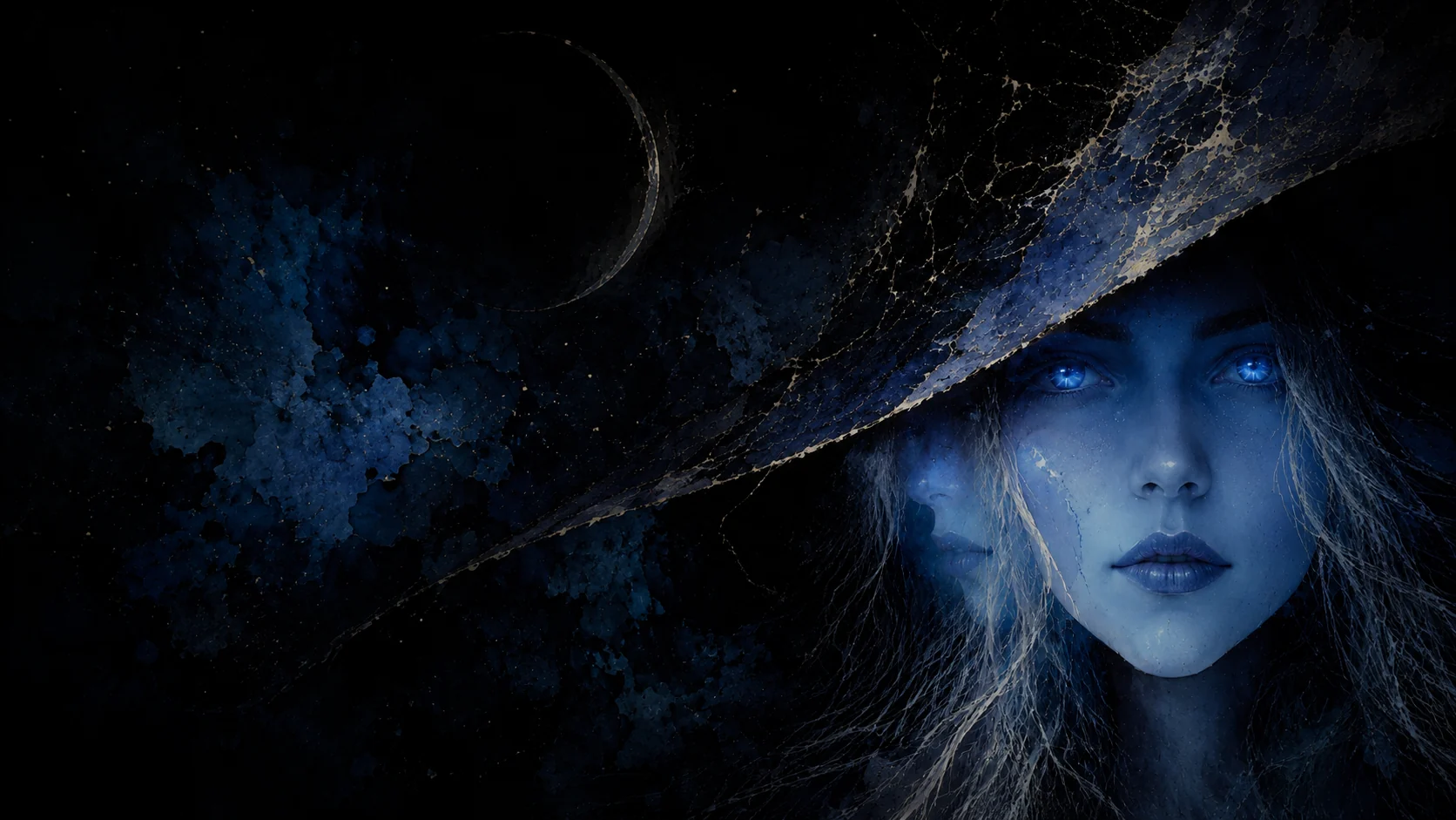 Ranni's glowing eyes beneath a cracked witch's hat and a thin crescent moon