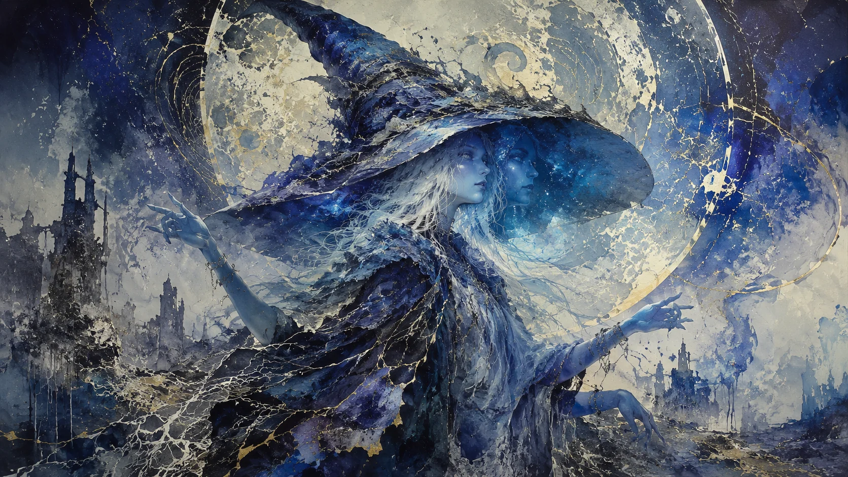 Ranni beneath a vast fractured moon, extending four hands toward the night